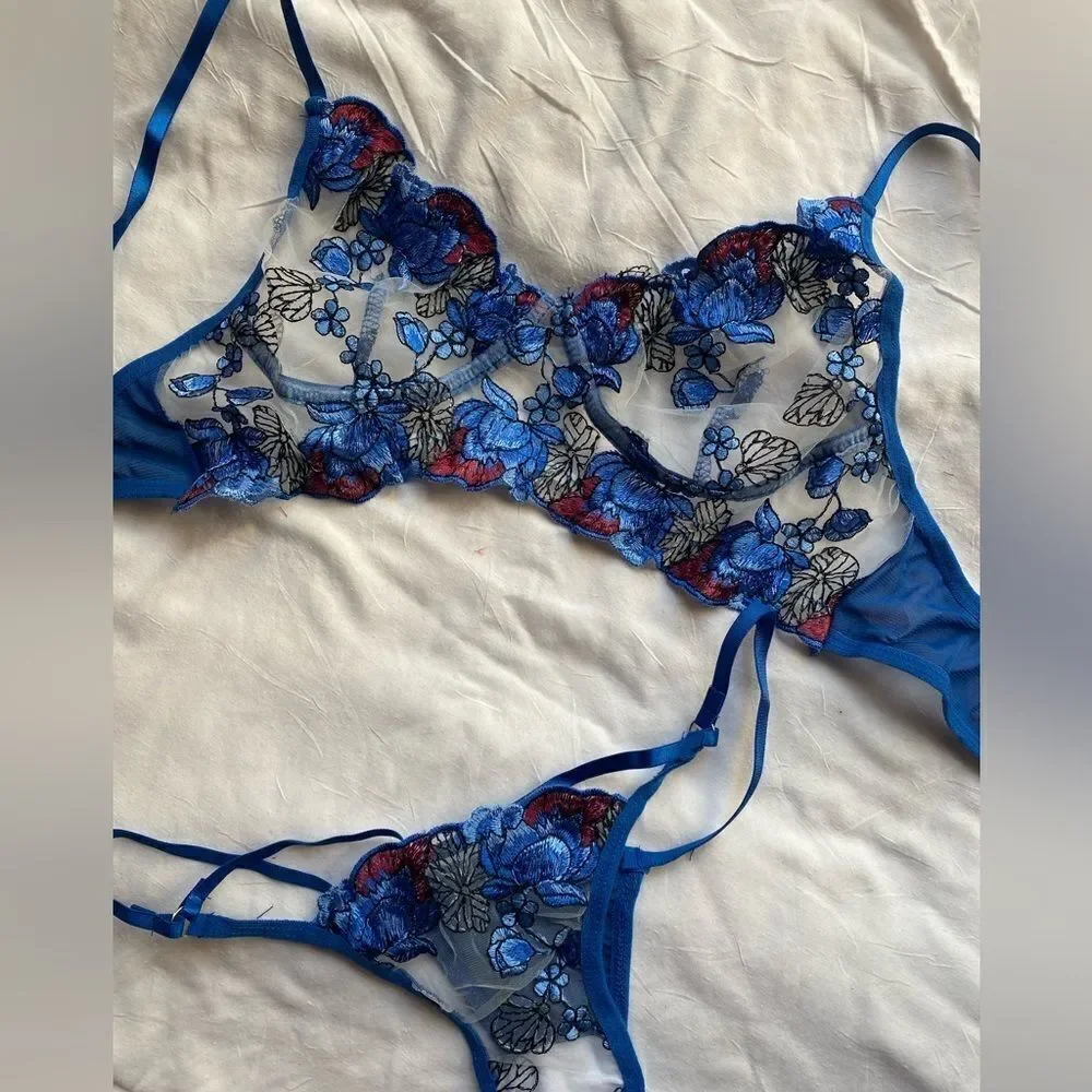 new. blue embroidered lace and tulle bra and thong set,